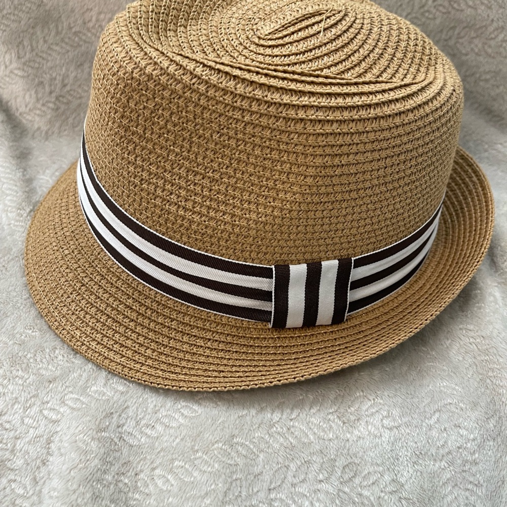 Tan Straw Hat with Striped Band - Picture 2 of 9